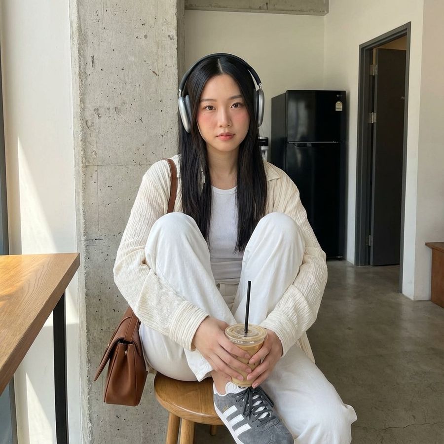 Young Woman Sitting Casually Indoors — Nano Banana Pro image prompt example