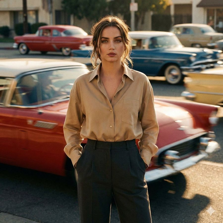 Cinematic Fashion Photograph of a Confident Young Woman Standing — Nano Banana Pro image prompt example