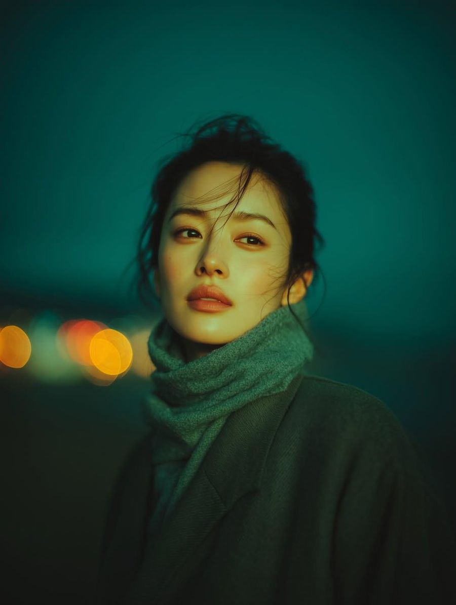 Cinematic Night-time Portrait of a Young Woman Standing Outdoors — Nano Banana Pro image prompt example