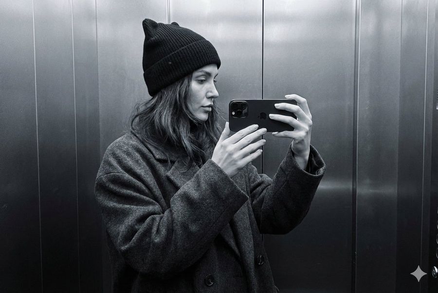 Photorealistic Profile Selfie, Minimalist and Monochrome: a Woman — Nano Banana Pro image prompt example