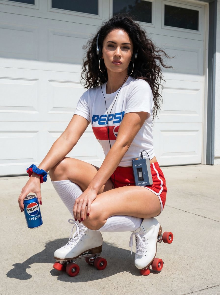 80s Retro Athleisure Megan Fox Roller Skates — Nano Banana Pro image prompt example