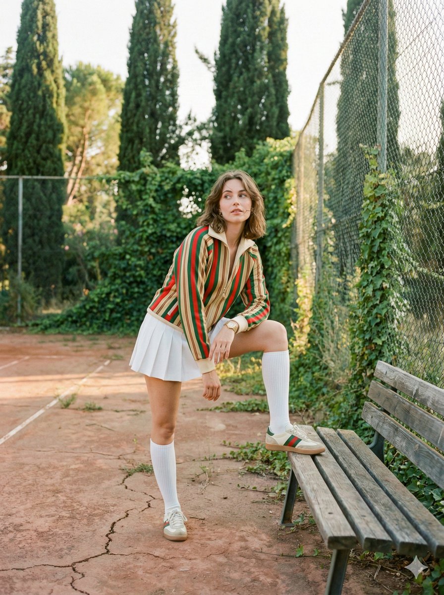 Model Stretching Casually Beside a Worn Clay Tennis Court, One Foot — Nano Banana Pro image prompt example