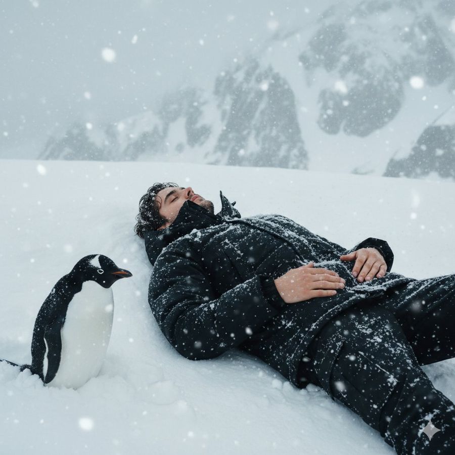 Photorealistic Image of a Penguin Lying Flat on Its Stomach — Nano Banana Pro image prompt example