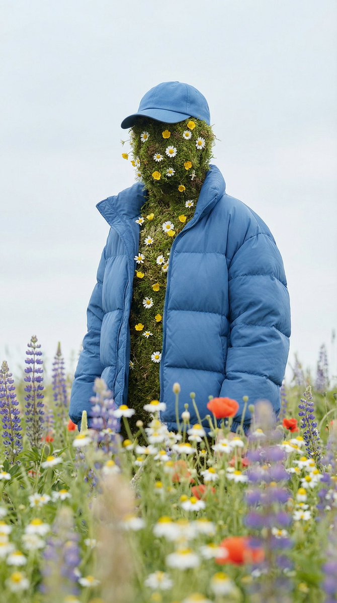 Human Figure Standing in a Flower-filled Field Wearing an Oversized — Nano Banana Pro image prompt example
