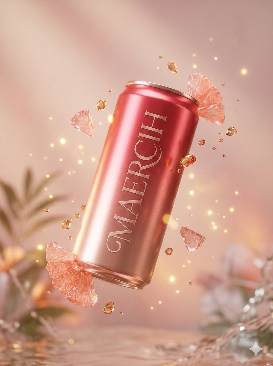 Floating Aluminum Beverage Can Suspended Mid-air, Metallic Rose-pink — Nano Banana Pro image prompt example