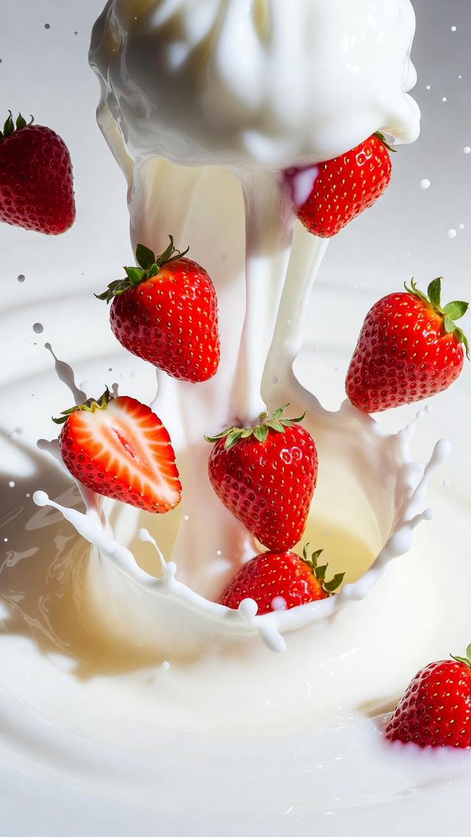 Ultra Realistic Macro of Fresh Strawberries Falling Into Creamy White — Nano Banana Pro image prompt example