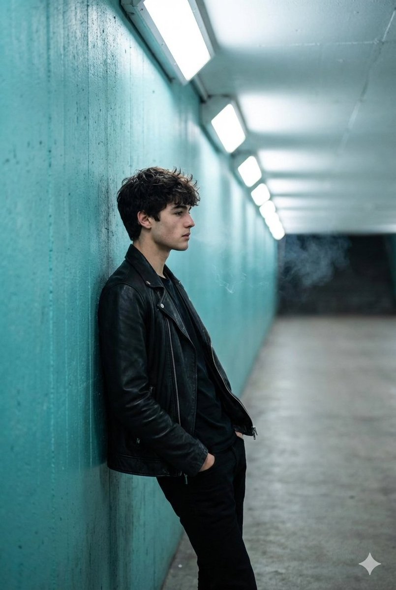 Full Shot Captures a Young Man in Profile, Leaning Against a Textured — Nano Banana Pro image prompt example