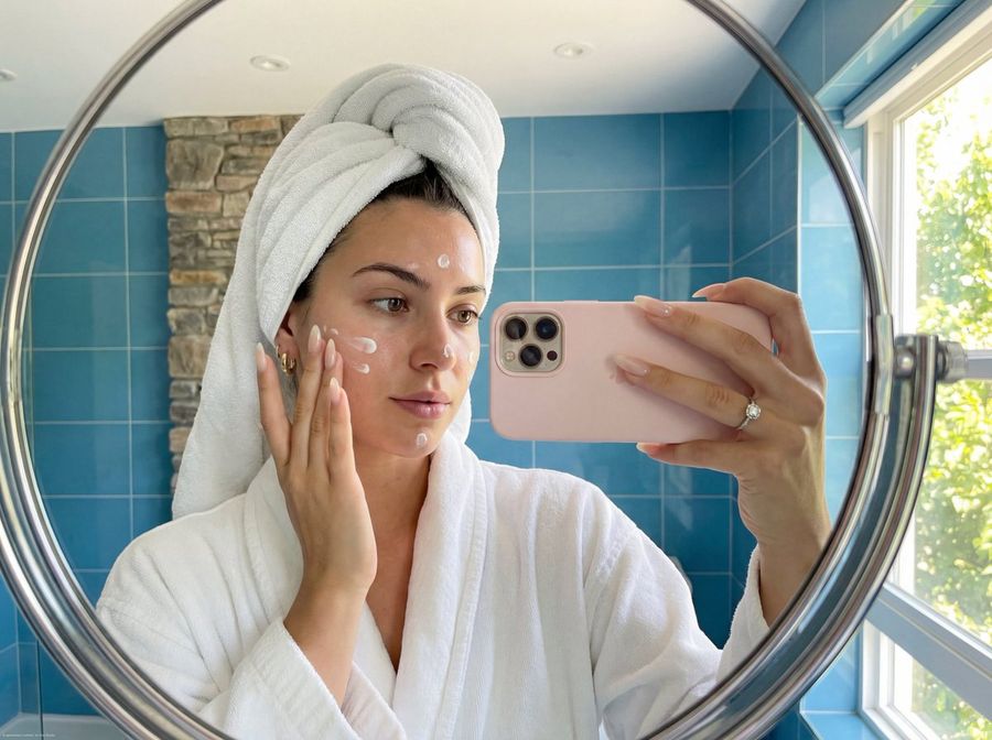 Young Woman Taking a Mirror Selfie in a Bathroom While Applying — Nano Banana Pro image prompt example