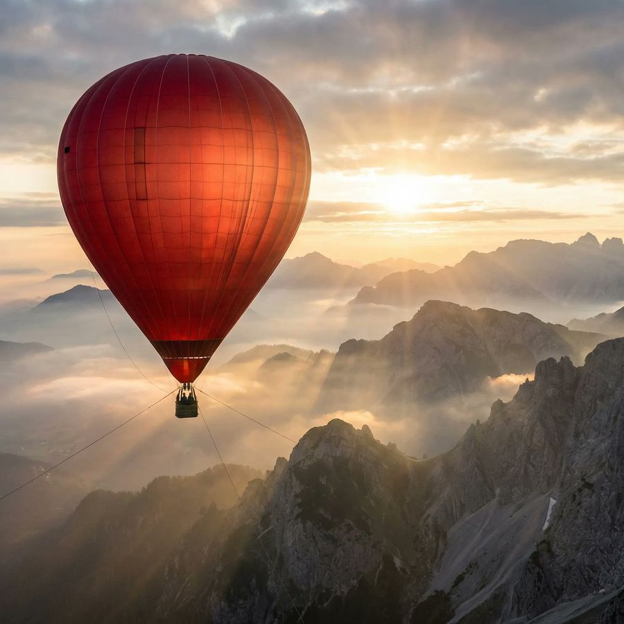 Giant Red Balloon Floating Above Misty Mountains at Sunrise — Nano Banana Pro image prompt example