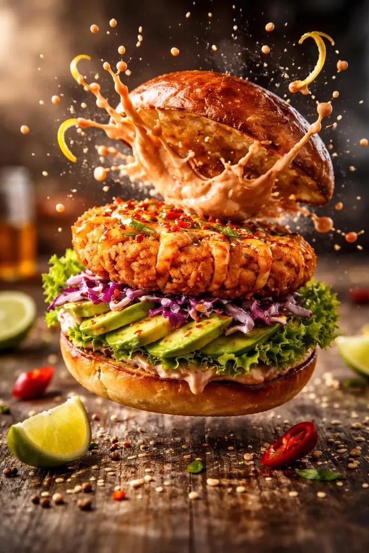 Cinematic Hyperrealistic Food Product Photograph of a Shrimp Burger — Nano Banana Pro image prompt example