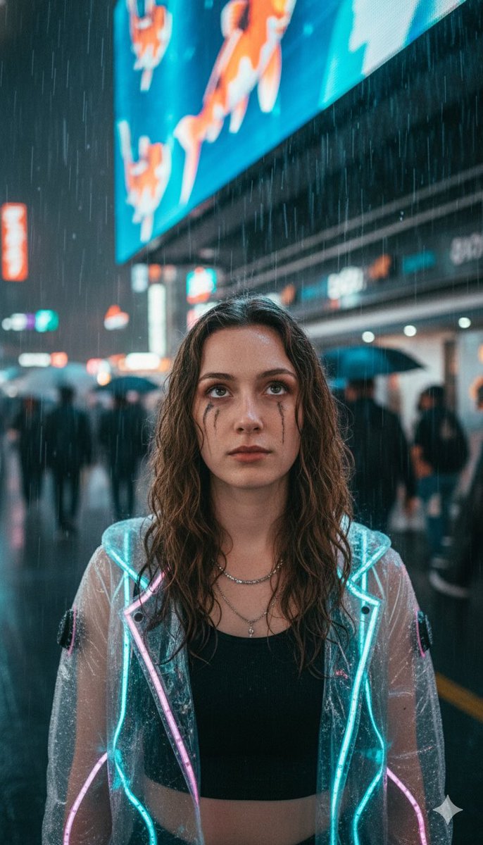Raw, Cinematic Close-up of Reference Girl Standing Under Massive — Nano Banana Pro image prompt example