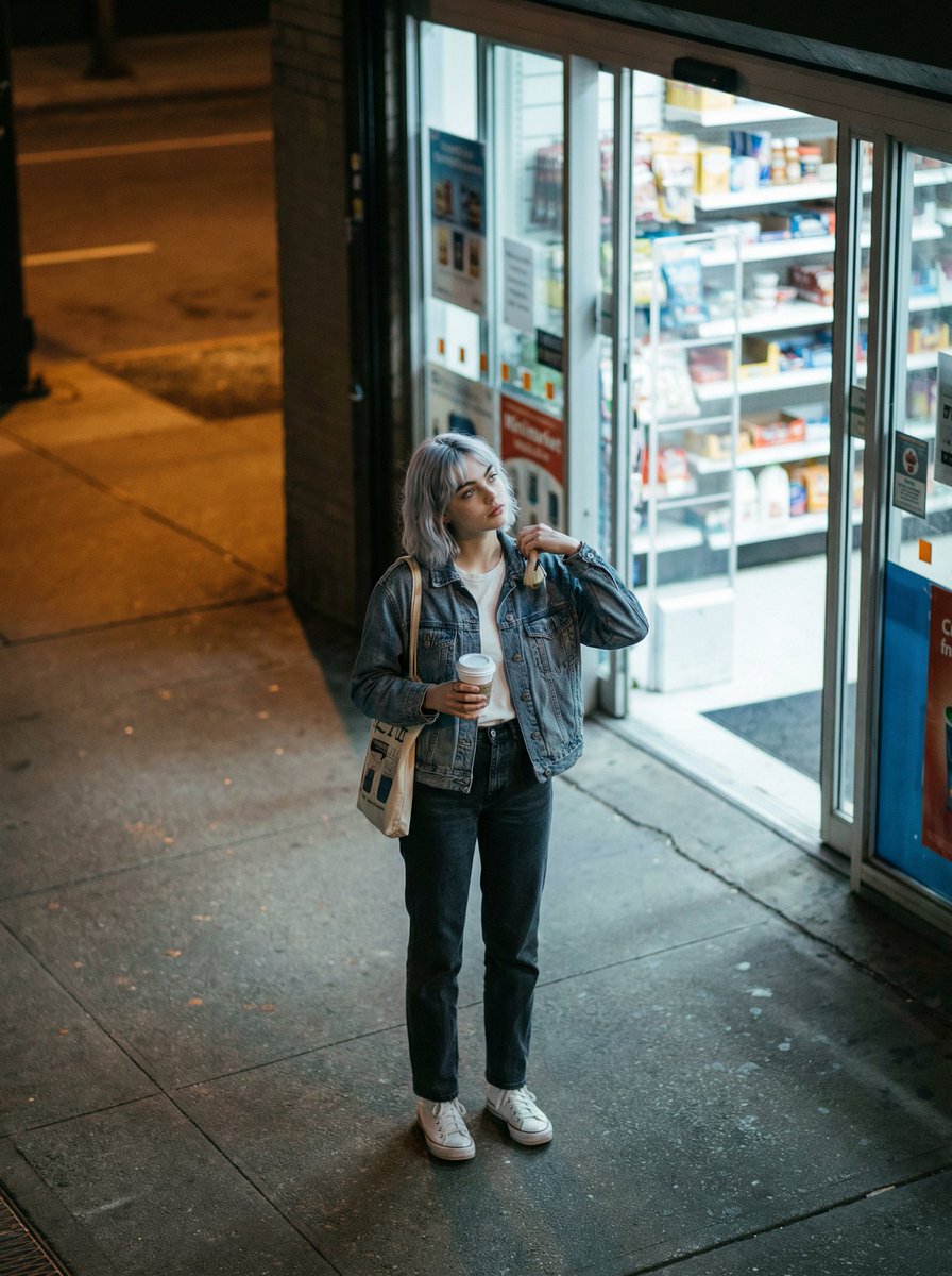 High-angle Candid Night Street Fashion Photograph, Shot from an Upper — Nano Banana Pro image prompt example
