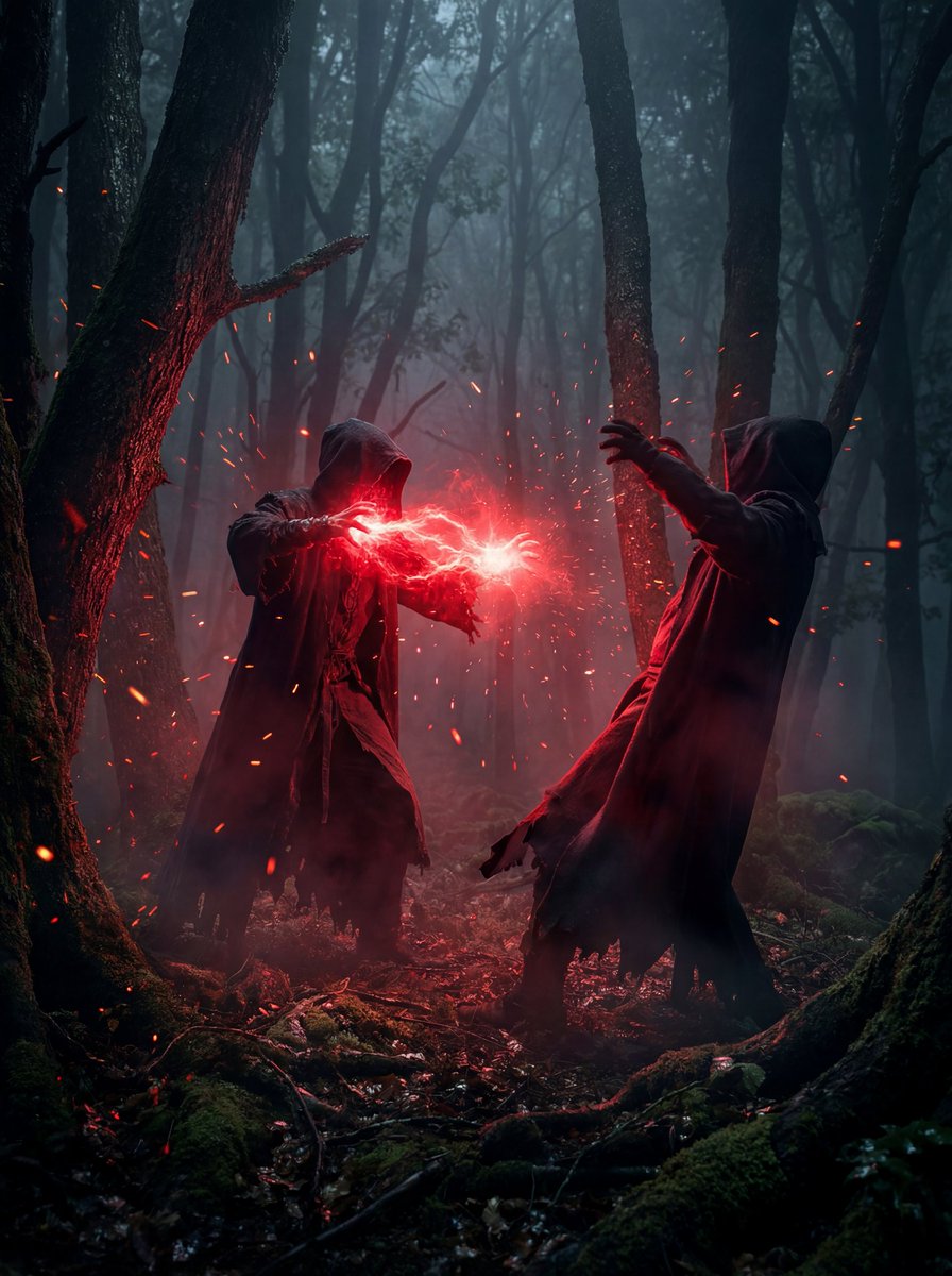 Dramatic Cinematic Scene in a Dark Foggy Forest Where Two Hooded — Nano Banana Pro image prompt example