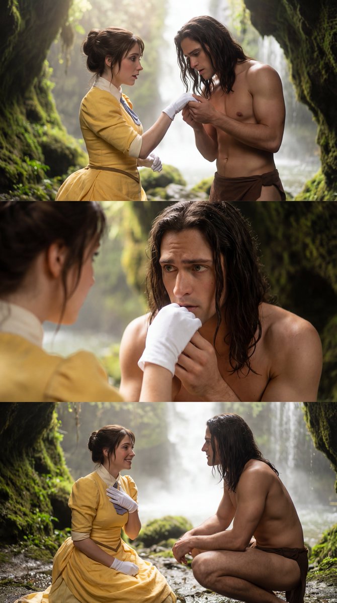 Photoreal Cinematic Cosplay Jungle Romance Triptych — generated with Nano Banana Pro