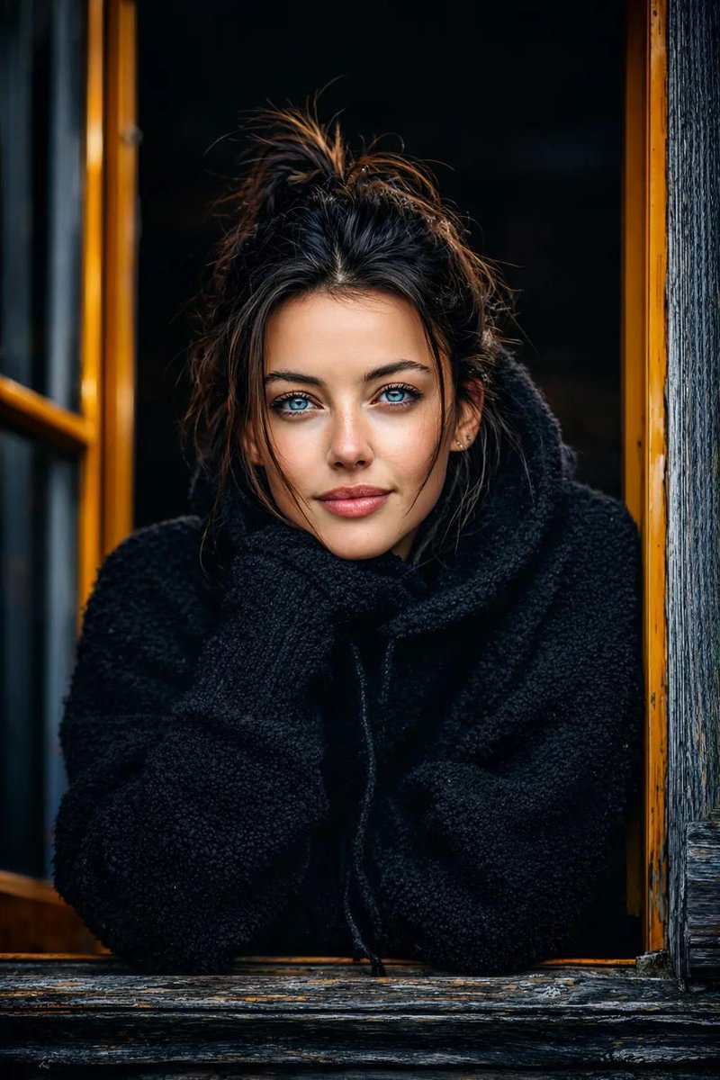 Ultra-realistic Cinematic Portrait of a Young Woman Leaning Out — Nano Banana Pro image prompt example