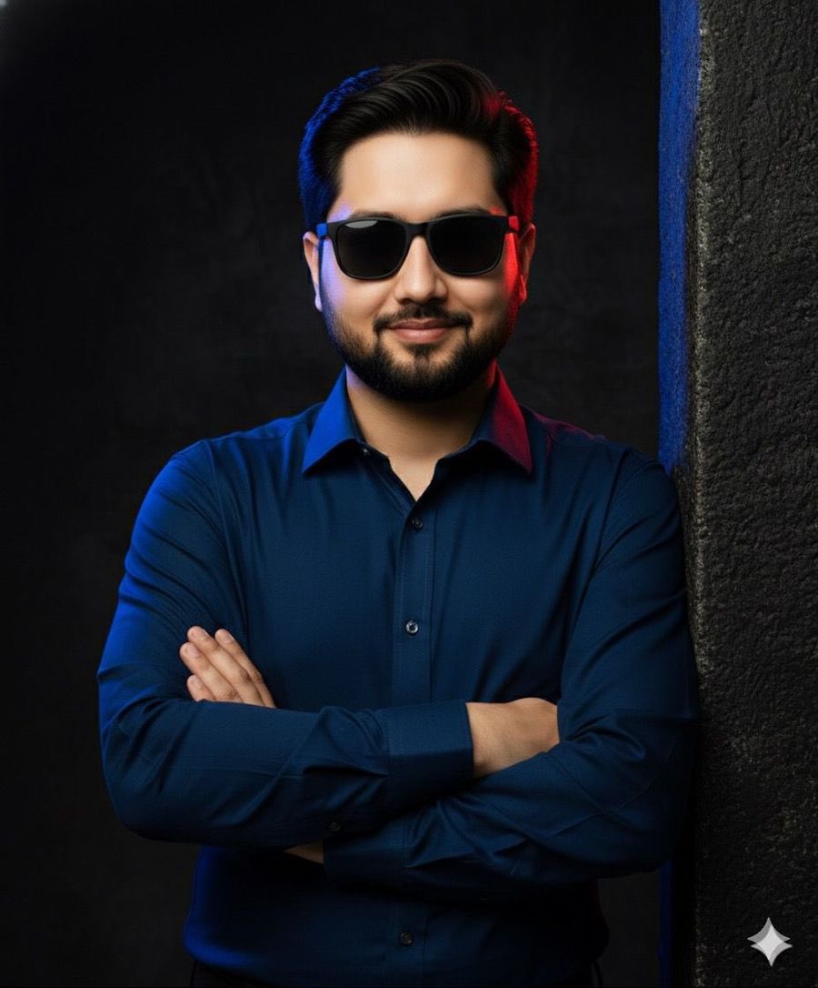 Cinematic Studio Portrait of a Young Man Standing Beside a Dark — Nano Banana Pro image prompt example