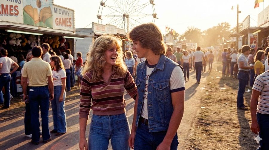 16x9 Photo Taken in 1979 at a County Fair, Girl with Feathered Hair — Nano Banana Pro image prompt example