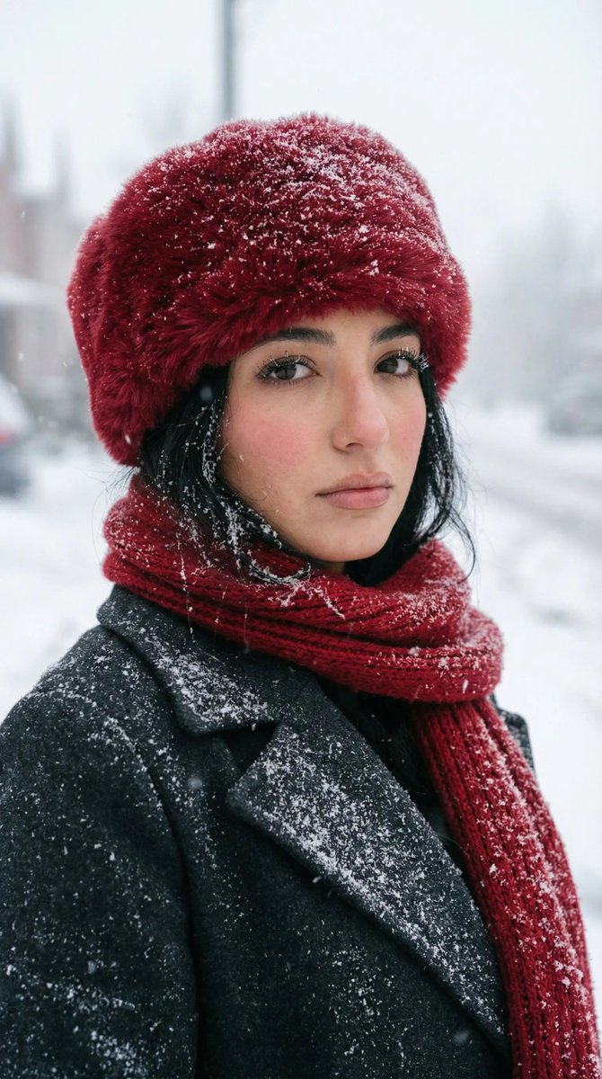 Photoreal Winter Snowfall Street Portrait — Nano Banana Pro image prompt example