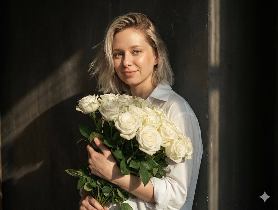 Young Woman Stands Leaning Slightly Against a Wall, Wearing a White — Nano Banana Pro image prompt example