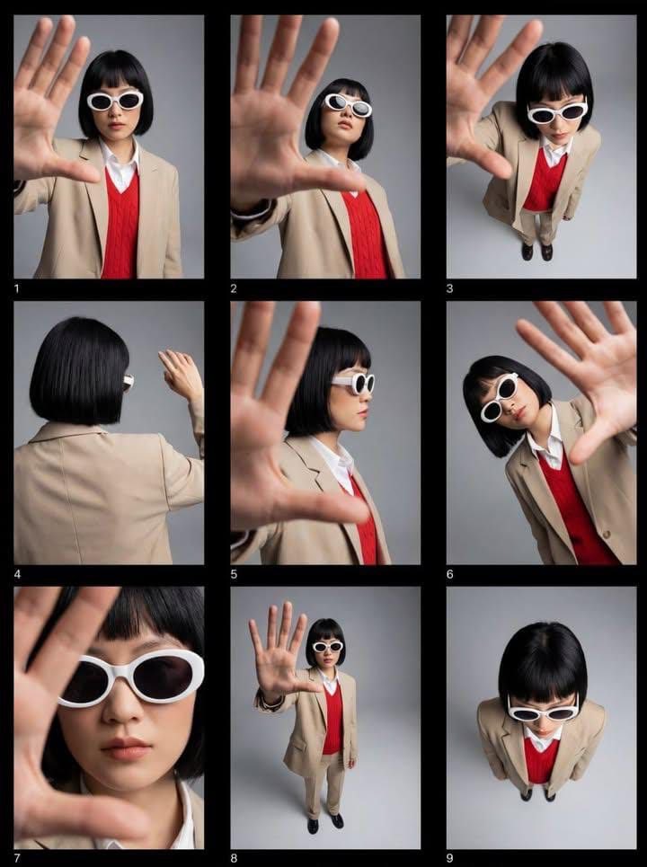 Editorial Fashion Contact Sheet of a Modern Woman with a Sharp Black — Nano Banana Pro image prompt example