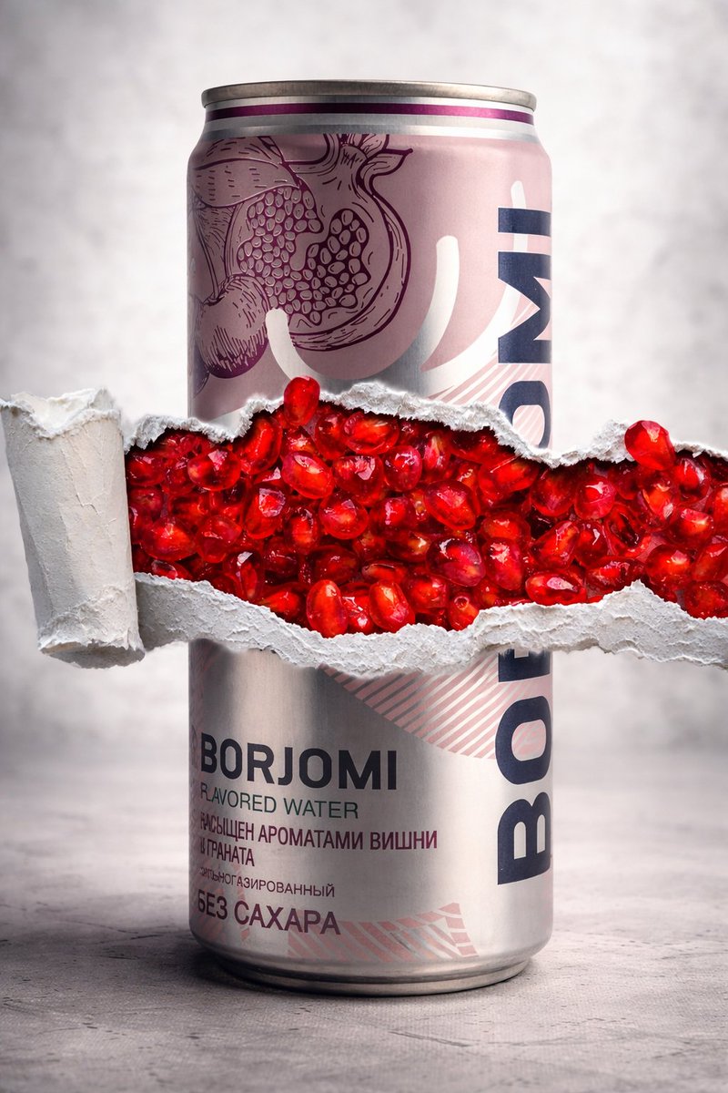 8k Product Photography With Conceptual Cutaway Borjomi — Nano Banana Pro image prompt example