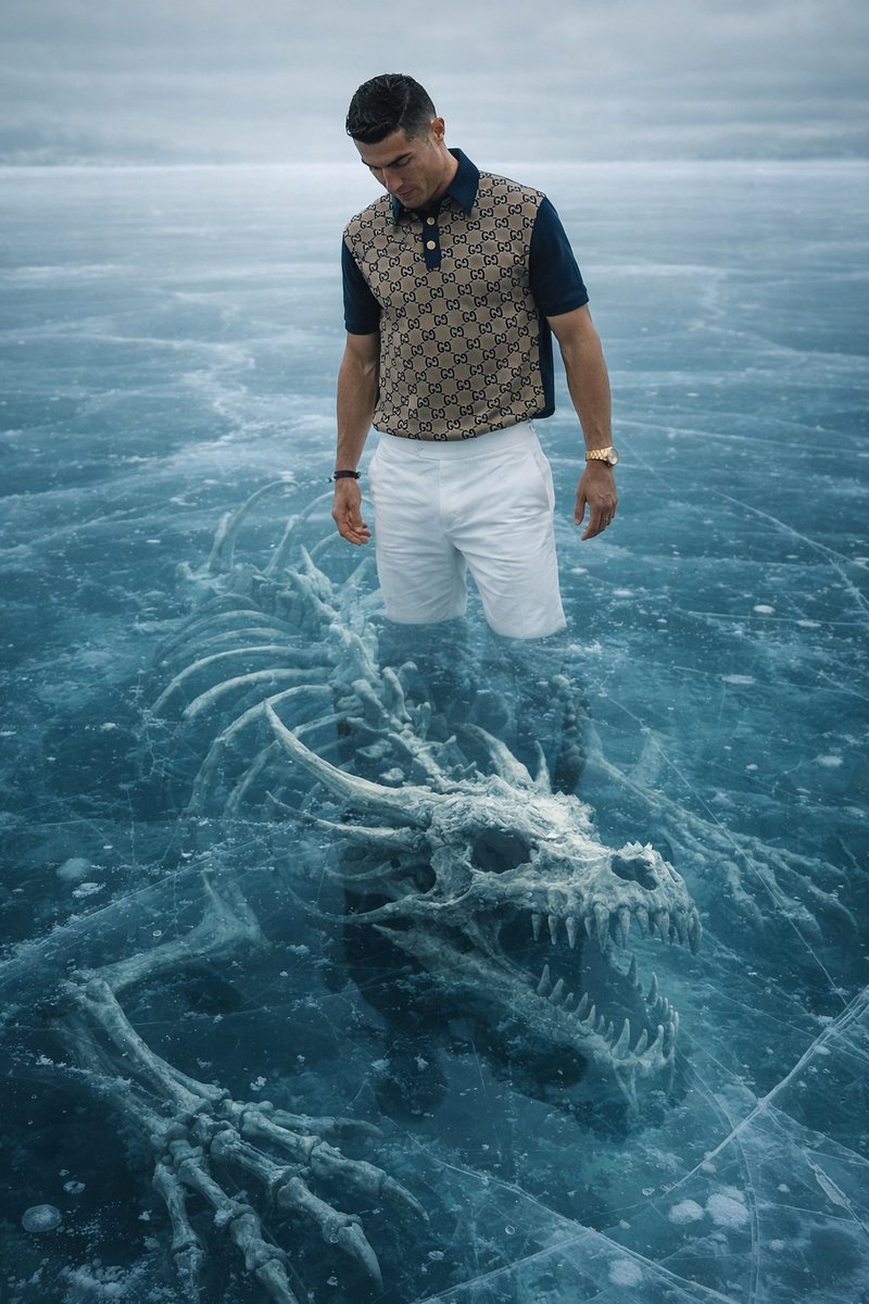 8k Ultra Realistic Promotional Image Of A Man On Ice With A Submerged Skeleton — Nano Banana Pro image prompt example