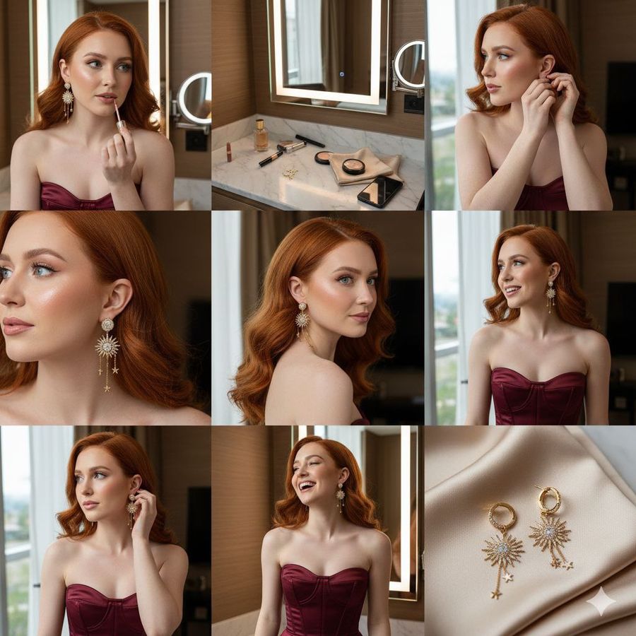 9 Panel Collage Of Woman With Gold Jewelry — Nano Banana Pro image prompt example