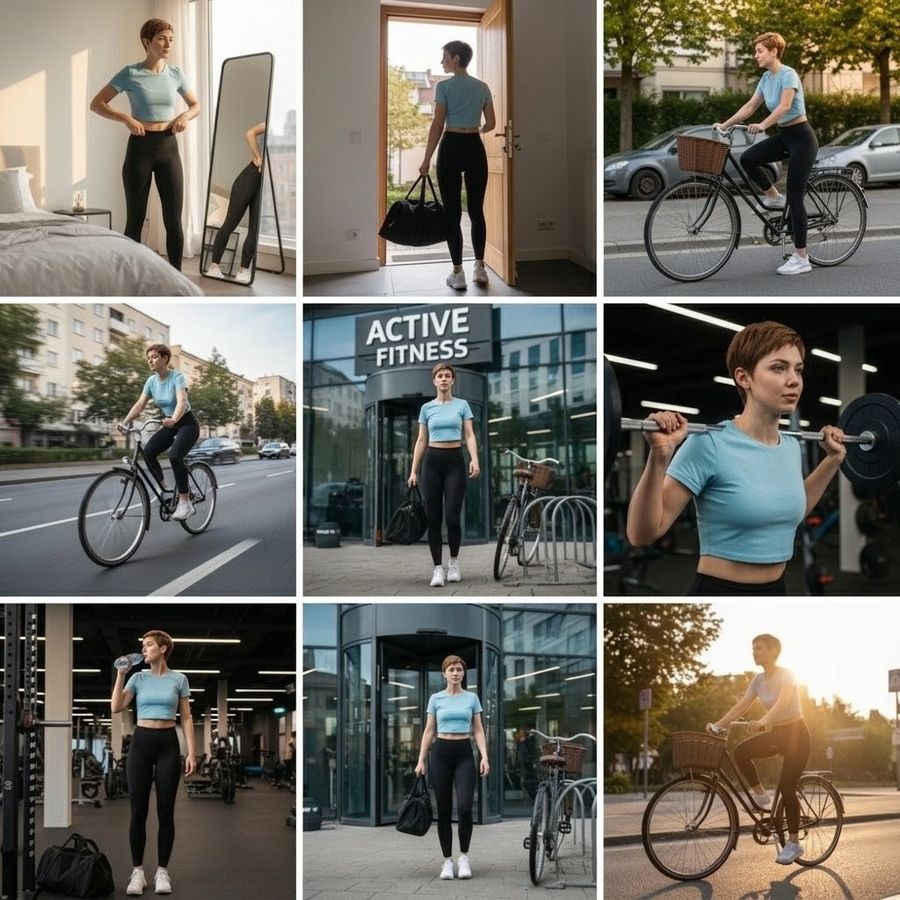 9 Photo Cinematic Collage For A Gym Girls Fitness Journey — Nano Banana Pro image prompt example