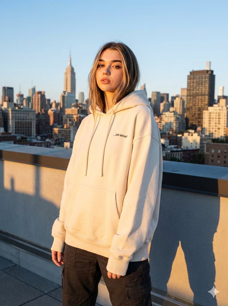 Stylish Woman in Luxury Streetwear Standing Confidently on a Rooftop — Nano Banana Pro image prompt example