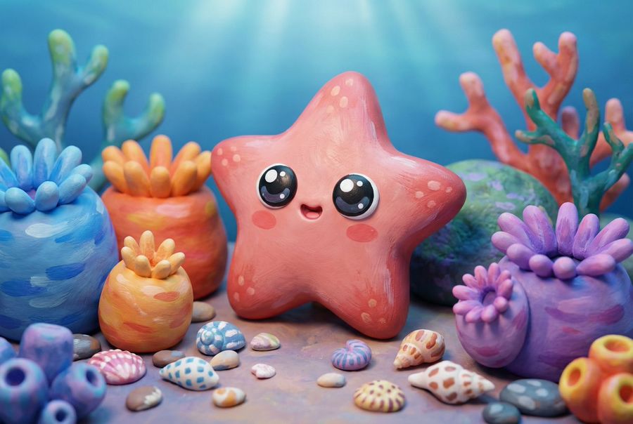 Adorable Kawaii-style Starfish Resting on the Ocean Floor, Surrounded — Nano Banana Pro image prompt example