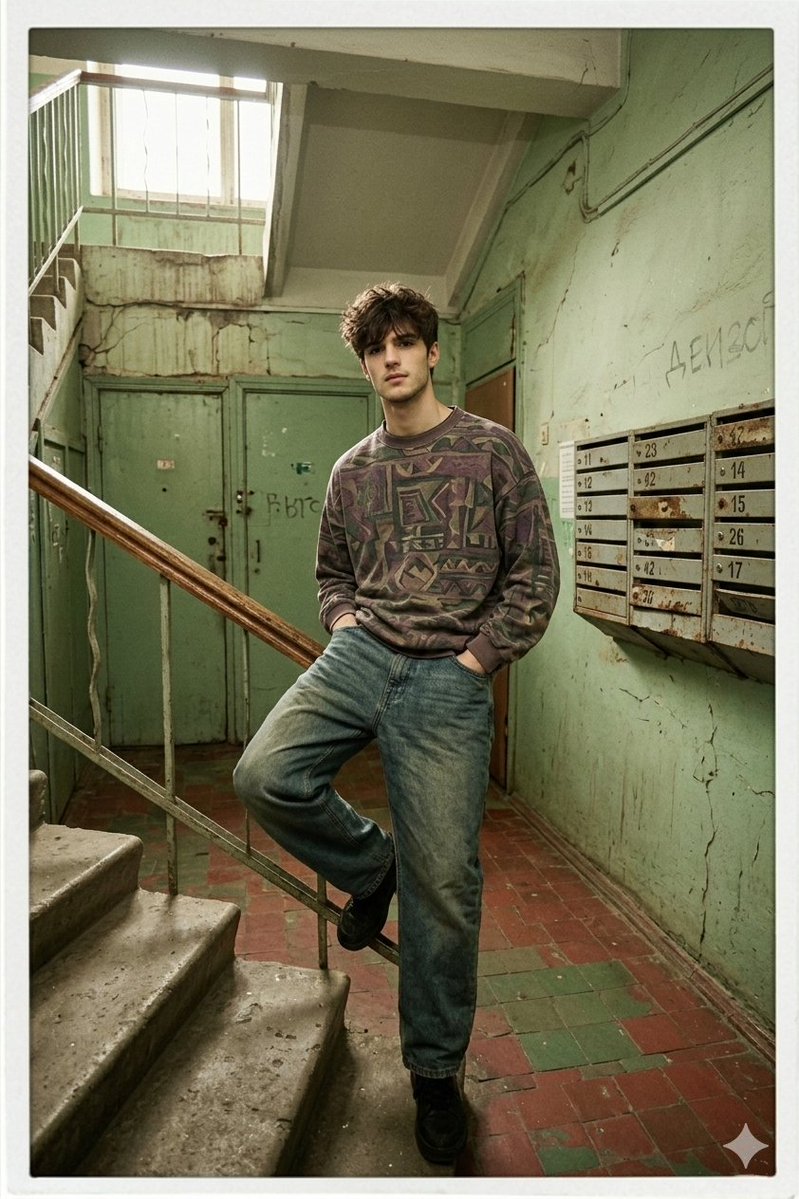 90s Inspired Male Model In Russian Apartment Entrance — Nano Banana Pro image prompt example