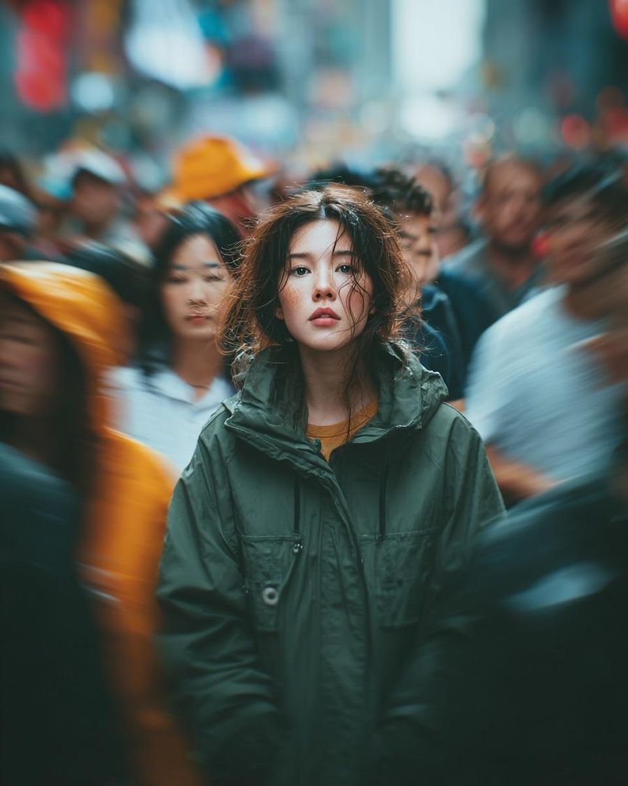 Candid Street Portrait, Subject Centered Sharp, Crowd Motion Blur — Nano Banana Pro image prompt example