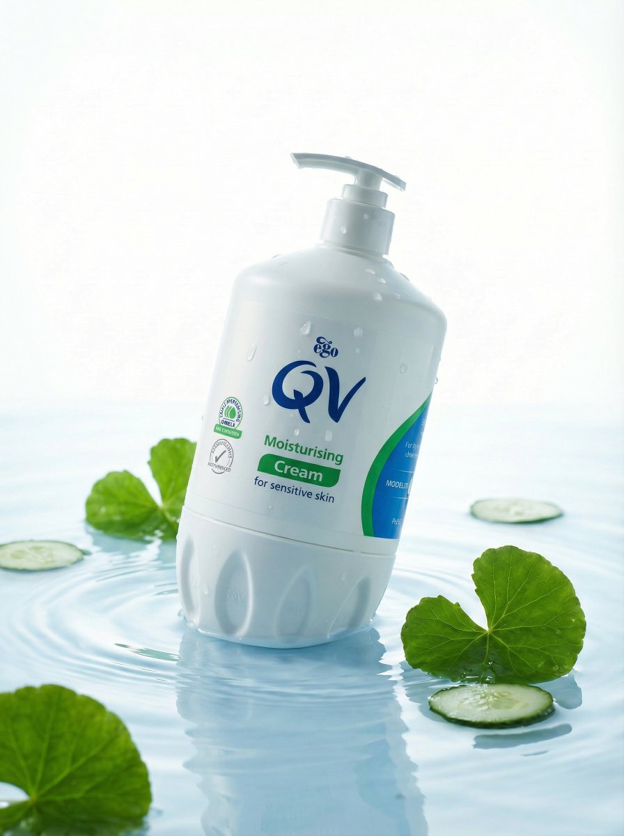 Cinematic Product Shot, a Minimalist White Tube of "Qv" Brand Hand — Nano Banana Pro image prompt example