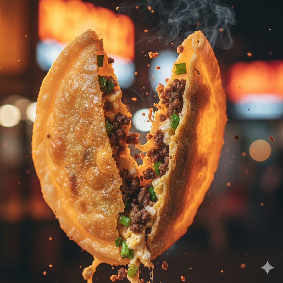 Macro Food Photography of a Crispy Martabak Telur Tearing Open — Nano Banana Pro image prompt example