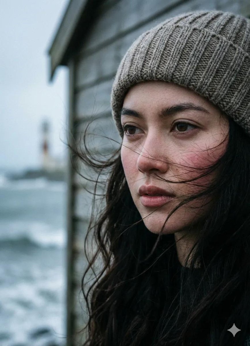 Cinematic Portrait of a Young Woman Standing on a Wooden Seaside Pier — Nano Banana Pro image prompt example