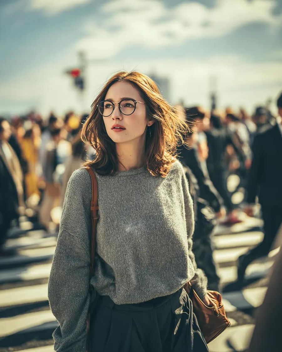 Candid Cinematic Portrait of a Stylish Young Woman Standing in a Busy — Nano Banana Pro image prompt example