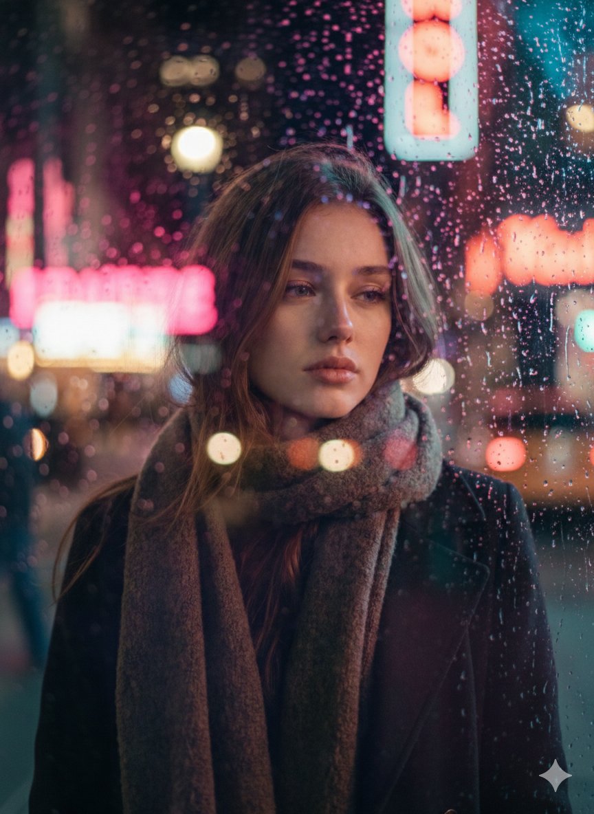Cinematic Portrait of a Young Woman Through a Glass Window on a Rainy — Nano Banana Pro image prompt example