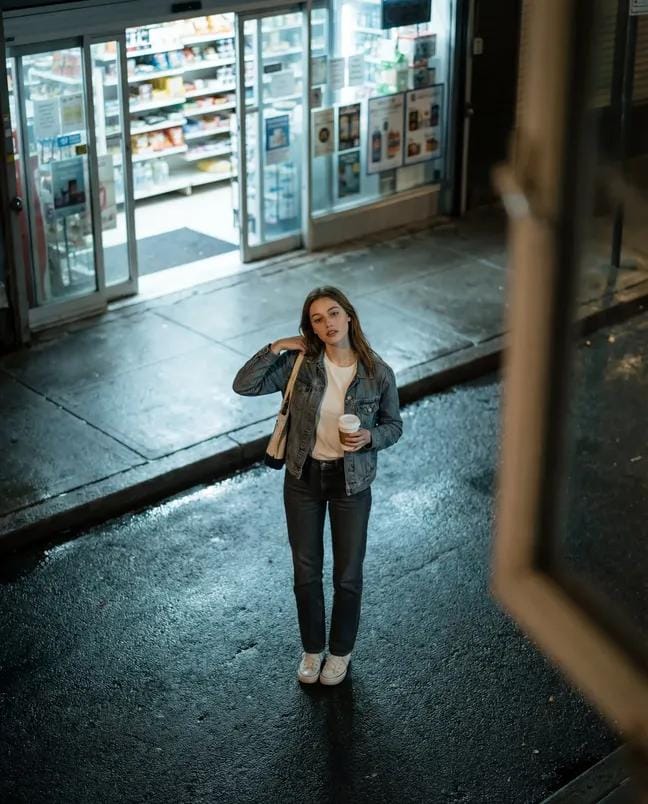 High-angle Candid Night Street Fashion Photograph, Shot from an Upper — Nano Banana Pro image prompt example