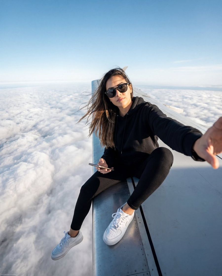 Stylish Young Woman Sitting on an Airplane Wing High Above the Clouds — Nano Banana Pro image prompt example