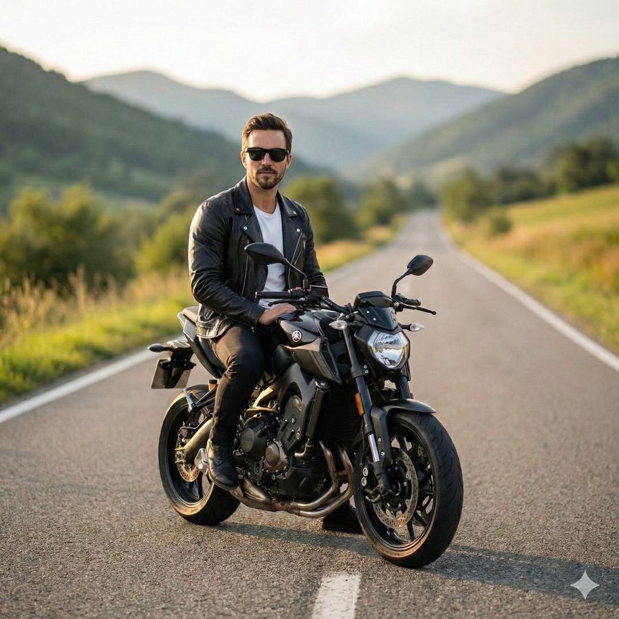Confident Man on Modern Motorbike – Cinematic Outdoor Portrait — Nano Banana Pro image prompt example