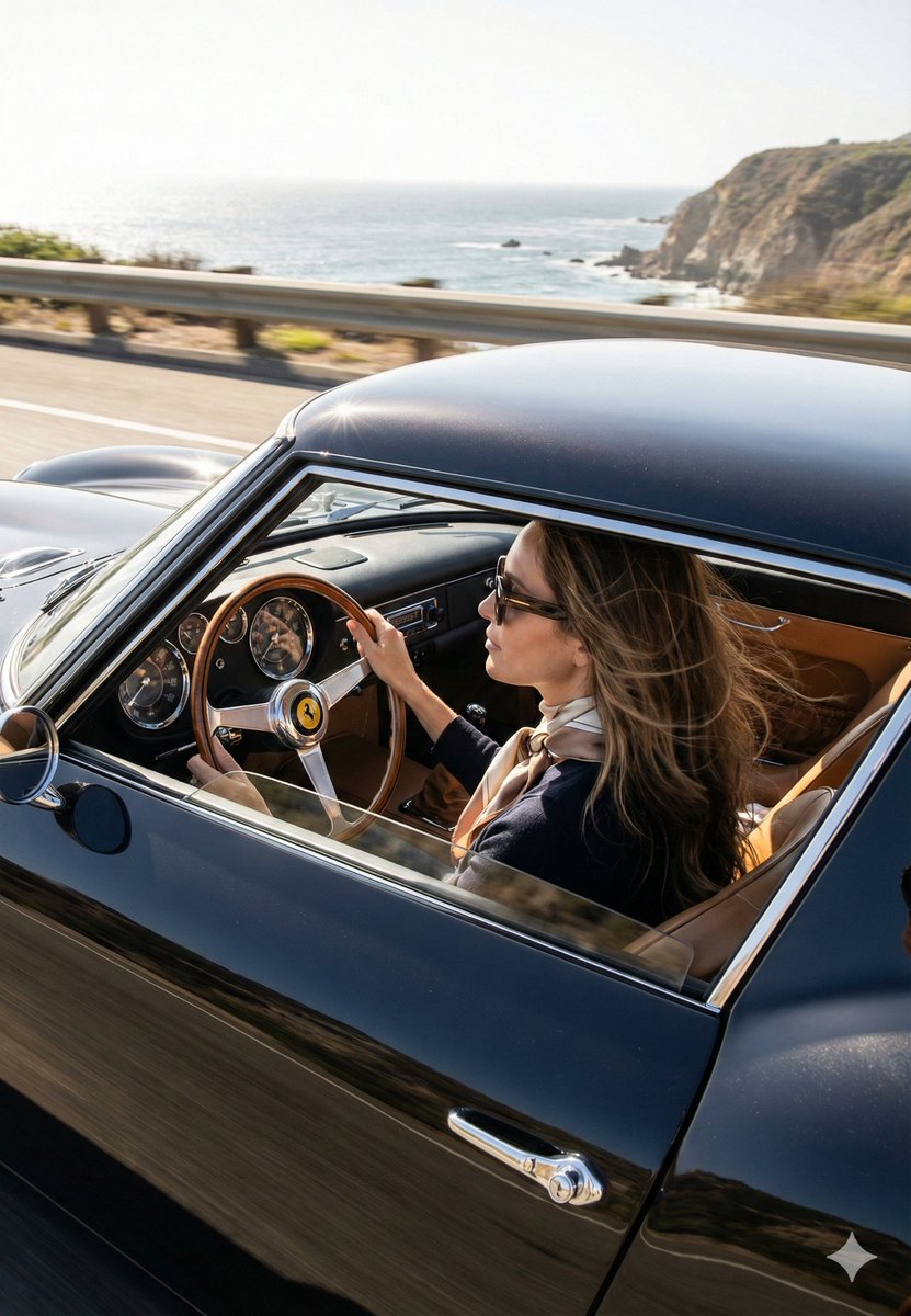 Woman Seated in the Driver’S Seat of a Classic Black Vintage Car — Nano Banana Pro image prompt example