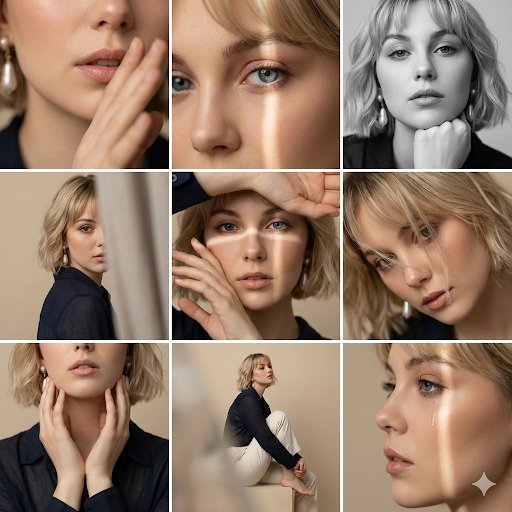 Editorial 3x3 Photo Grid in a Clean Soft Beige Studio — Nano Banana Pro image prompt example