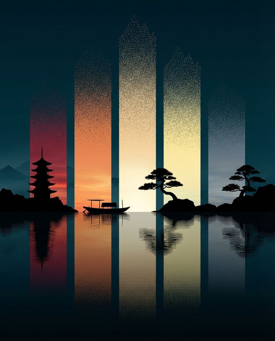 Abstract Eastern Zen Landscape With Time Slice Lighting — Nano Banana Pro image prompt example