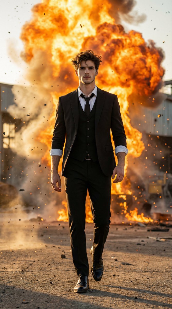 Action Hero Walking Away From Explosion Prompt Image To Image — Nano Banana Pro image prompt example