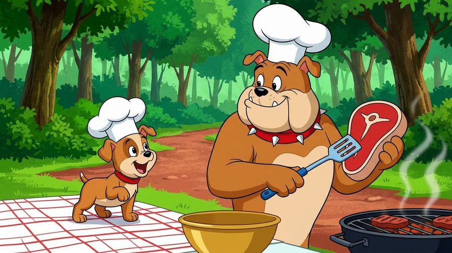 Anthropomorphic Bulldog Barbecue Scene Classic Cartoon Style — Nano Banana Pro image prompt example