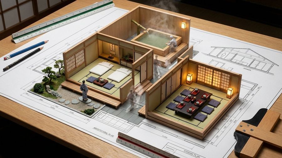 Architectural Blueprint To Miniature Japanese Inn Scene — Nano Banana Pro image prompt example