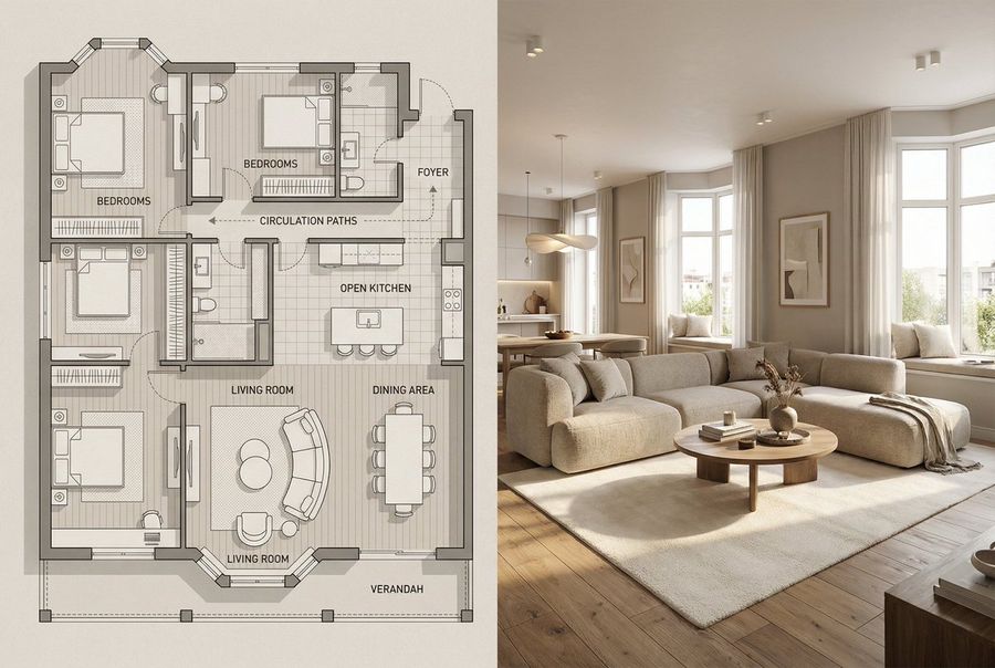 Architectural Floor Plan And Realistic Interior Photo Generation — Nano Banana Pro image prompt example