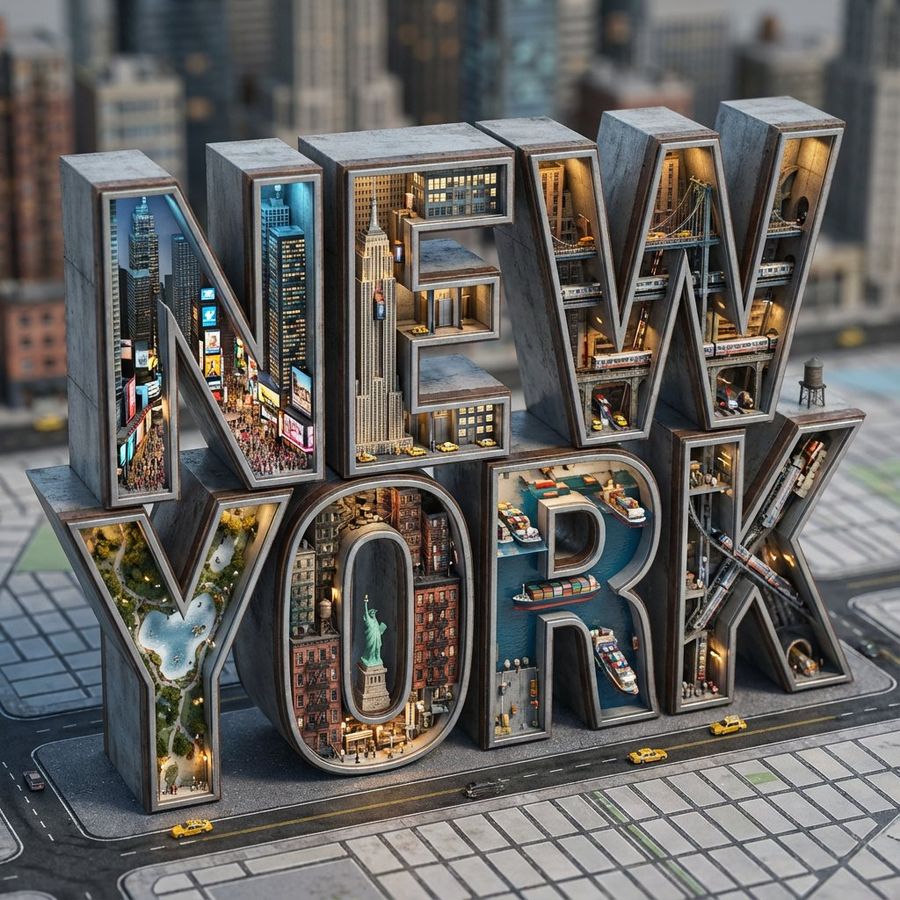 Architectural Typography Micro World Render Prompt New York — Nano Banana Pro image prompt example