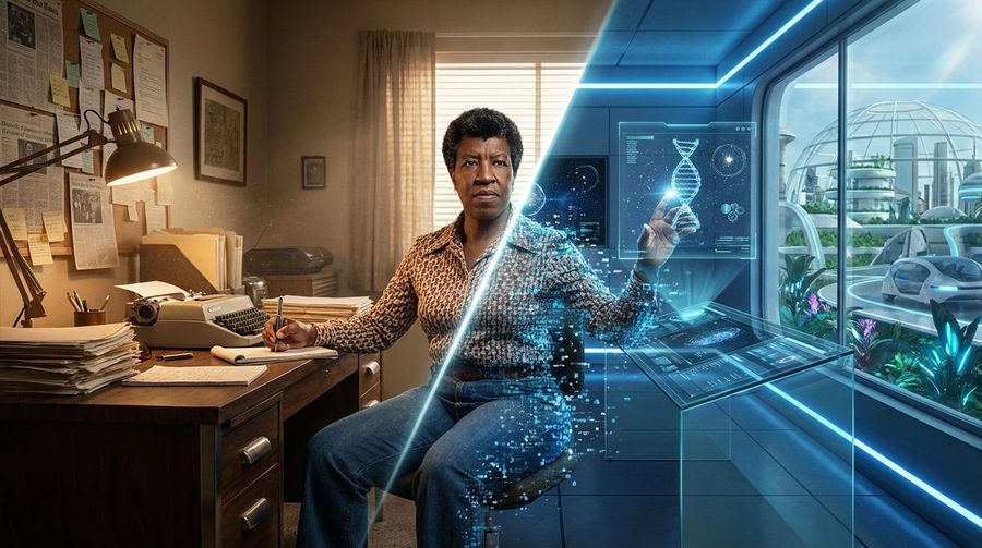 Asimov Visionary Split Scene Concept Art Prompt — Nano Banana Pro image prompt example