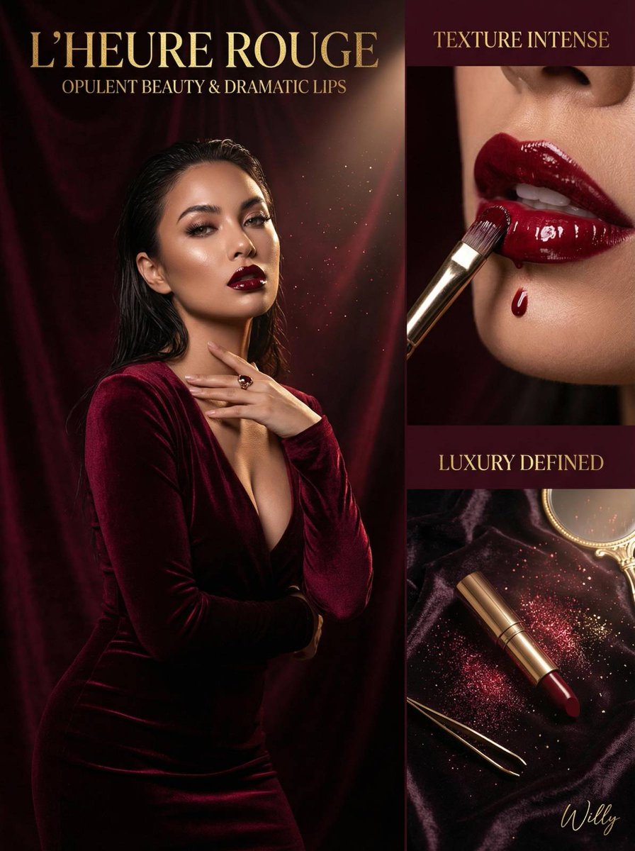 Asymmetrical Dark Luxury Beauty Editorial Spread — Nano Banana Pro image prompt example